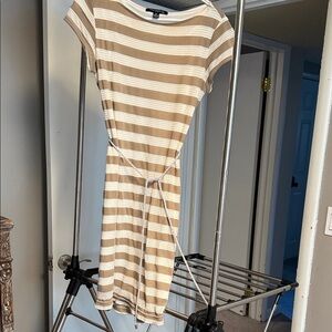 Sharagano Tan and White Striped Midi Dress